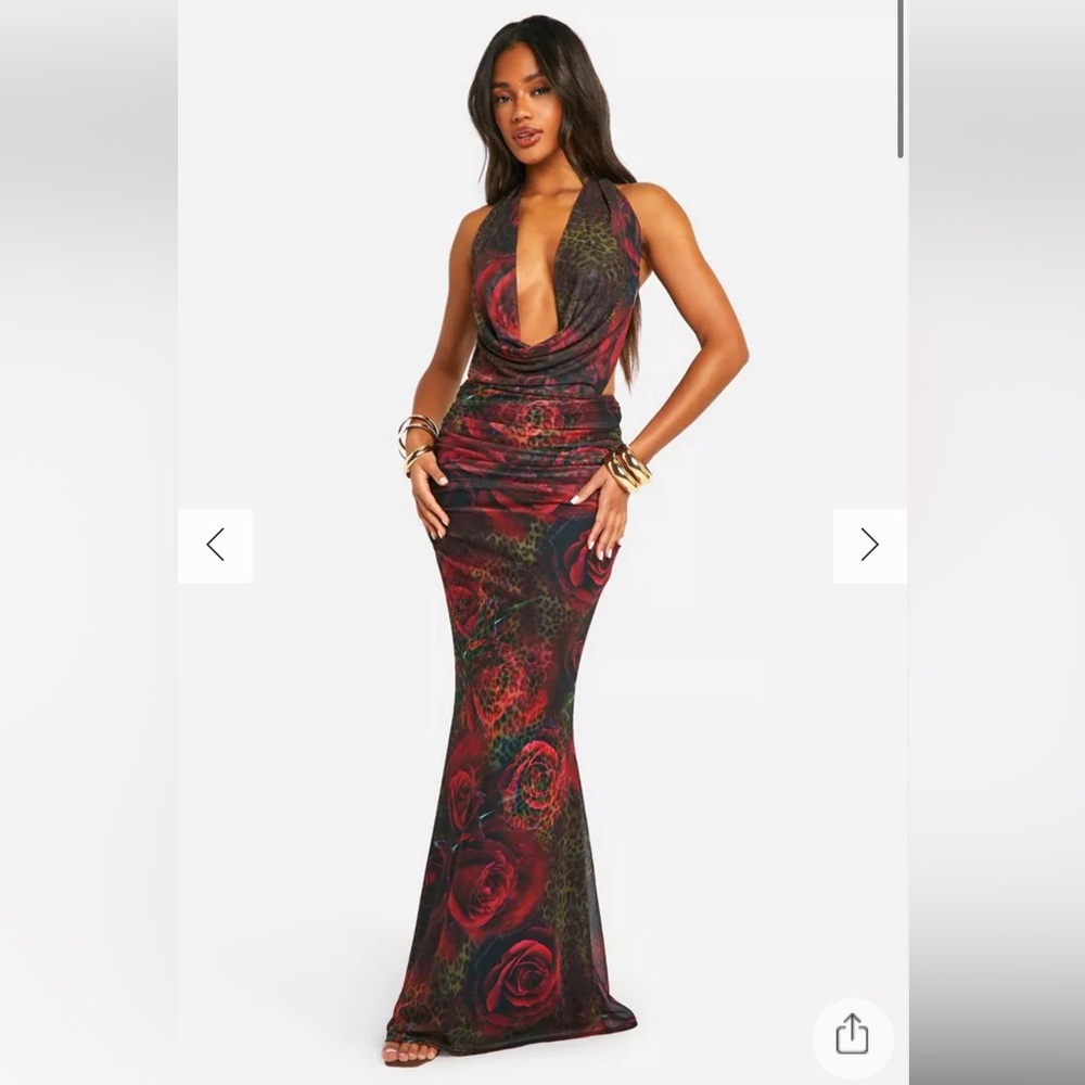BOOHOO MIXED PRINT LEOPARD PLUNGE RUCHED BUM MAXI DRESS Size 8